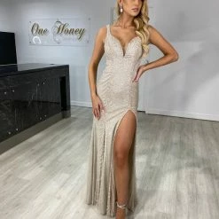 NEW ARRIVALS Honey Couture ALEYANDRA Champagne Silver Beaded Sequin Lace Up Formal Dress
