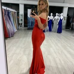 Honey Couture ADELE Red Off Shoulder Formal Dress