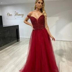 Honey Couture ISIDORE Burgundy Beaded Off Shoulder Tulle Skirt Formal Dress