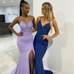 NEW ARRIVALS Honey Couture MIREN Lilac Purple Lace Applique Mermaid Formal Dress