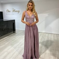 Honey Couture ANYA Blush Pink Shimmer A Line Formal Gown Dress