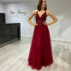 NEW ARRIVALS Honey Couture TEZ Burgundy Tulle Lace Bodice Gown Formal Dress