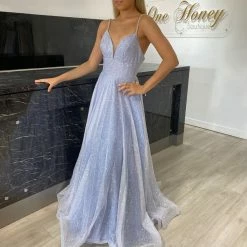 Honey Couture LIVIA Baby Blue Silver Glitter Ball Gown Formal Dress