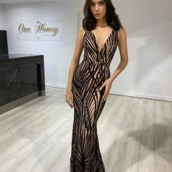 One Honey Boutique Honey Couture YASMIN Black & Beige Sequin Formal Gown NEW ARRIVALS