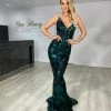 Honey Couture ZARA Emerald Green & Black Sequin Low Back Mermaid Formal Dress