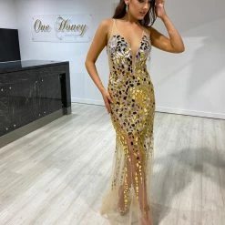 NEW ARRIVALS Honey Couture SAPPHIRE Mirror Mesh Formal Gown Dress