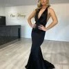 Honey Couture JODIE Black Halter Satin Mermaid Evening Gown Dress NEW ARRIVALS