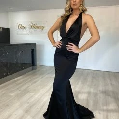 Honey Couture JODIE Black Halter Satin Mermaid Evening Gown Dress NEW ARRIVALS