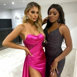 Honey Couture GIGI Fuchsia Hot Pink Corset Sparkle Bustier Strapless Mermaid Formal Gown Dress NEW ARRIVALS