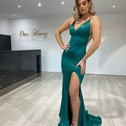 NEW ARRIVALS Honey Couture RILEY Emerald Green Low Back Mermaid Evening Gown Dress