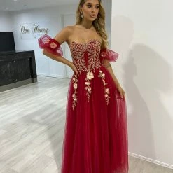 NEW ARRIVALS Honey Couture BLOOM Burgundy Bustier Lace Applique Tulle Formal Dress