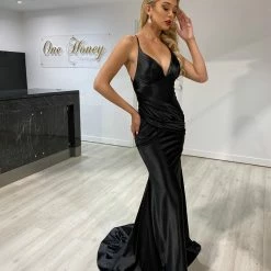NEW ARRIVALS Honey Couture COCO Black Low Back Bum Ruching Mermaid Formal Dress