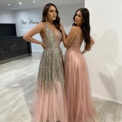 Honey Couture VIANNE Blush Pink Glitter Tulle Formal Dress