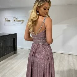 Honey Couture ANYA Blush Pink Shimmer A Line Formal Gown Dress