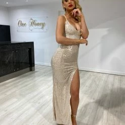 NEW ARRIVALS Honey Couture LUZ Champagne Gold Lace Up Sequin Formal Gown Dress