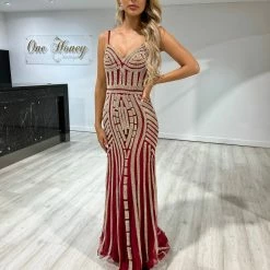Honey Couture DIAMONDS Red Sequin Mermaid Formal Gown Dress