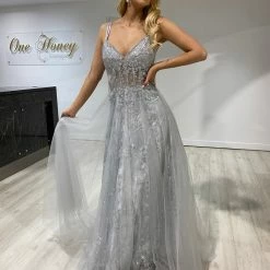 NEW ARRIVALS Honey Couture NORA Silver Tulle Glitter Corset Formal Dress