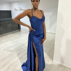 Honey Couture SOPHIE Navy Blue Satin Beaded Bustier Formal Dress NEW ARRIVALS