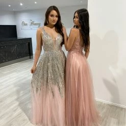 Honey Couture VIANNE Blush Pink Glitter Tulle Formal Dress