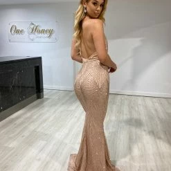 NEW ARRIVALS Honey Couture HYRA Pink & Gold Halter Glitter Formal Dress