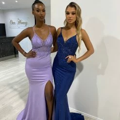 NEW ARRIVALS Honey Couture MIREN Lilac Purple Lace Applique Mermaid Formal Dress