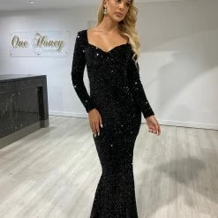 Honey Couture ALISON Black Sequin Long Sleeve Formal Dress
