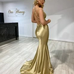 Honey Couture COCO Gold Low Back Bum Ruching Mermaid Formal Dress