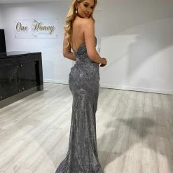 NEW ARRIVALS Honey Couture ADRIA Silver Grey Shimmer Strapless Formal Gown Dress
