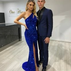 Honey Couture ADRIANNA Electric Blue Sequin One Shoulder Mermaid Formal Dress