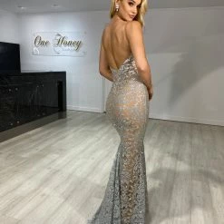Honey Couture GRETA Silver/Nude Lace & Glitter Overlay Mermaid Formal Gown Dress NEW ARRIVALS