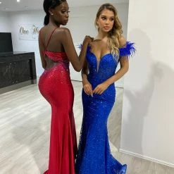 Honey Couture DRAMAH Royal Blue Sequin Feather Corset Mermaid Formal Gown Dress NEW ARRIVALS