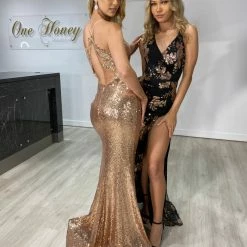 NEW ARRIVALS Honey Couture ASHLEY Gold Sequin W Lace Low Back Mermaid Formal Dress