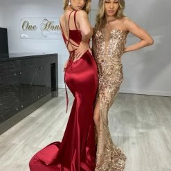 Honey Couture IMOGEN Burgundy Low Back Mermaid Formal Dress