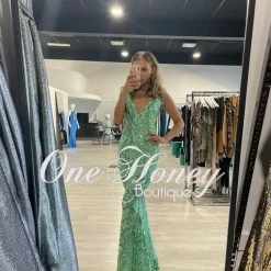NEW ARRIVALS Honey Couture TRISTIN Green Sequin Low Back Formal Dress