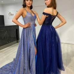 Honey Couture ISIDORE Navy Blue Beaded Off Shoulder Tulle Skirt Formal Dress NEW ARRIVALS