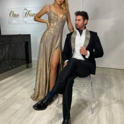 Honey Couture HOLLIE Copper Gold A Line Glitter Effect Formal Dress NEW ARRIVALS