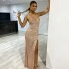NEW ARRIVALS Honey Couture CELESTE Rose Gold Diamante Strap Sequin Lace Up Formal Dress