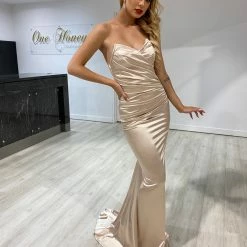 NEW ARRIVALS Honey Couture AZALIA Gold Silky Bustier Strapless Mermaid Formal Dress
