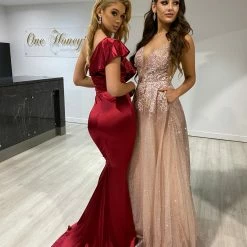 Honey Couture ALEXIS Burgundy Silky Frilly One Shoulder Mermaid Formal Dress NEW ARRIVALS