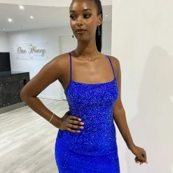 Honey Couture LEONIE Royal Blue Diamante Leg Split Mermaid Formal Dress