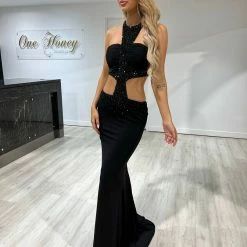 Honey Couture RIO Black Halter Cut Out Beaded Formal Gown NEW ARRIVALS