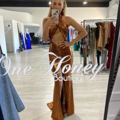 Honey Couture DARIA Copper Bum Ruching Cut Out Tie Up Formal Dress NEW ARRIVALS