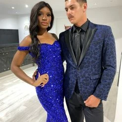 Honey Couture BLAIR Electric Blue Sequin Off Shoulder Formal Gala Dress NEW ARRIVALS