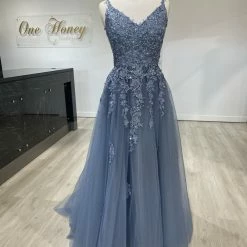 Honey Couture Made To Your Measurements Honey Couture TRENA Beaded V Front Bustier Tulle Skirt Formal Dress