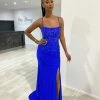 Honey Couture LEONIE Royal Blue Diamante Leg Split Mermaid Formal Dress