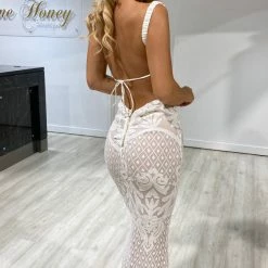 Honey Couture CAITLIN White & Nude Open Lace Up Back Formal Dress NEW ARRIVALS
