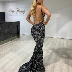 Honey Couture JULES Black Silver Low Back Sequin Mermaid Evening Gown Dress