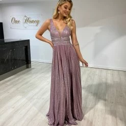 Honey Couture ANYA Blush Pink Shimmer A Line Formal Gown Dress