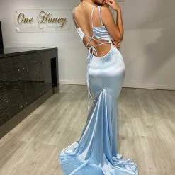 Honey Couture IMOGEN Baby Blue Low Back Mermaid Formal Dress NEW ARRIVALS