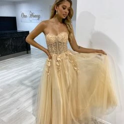 Honey Couture BLOOM Champagne Bustier Lace Applique Tulle Formal Dress